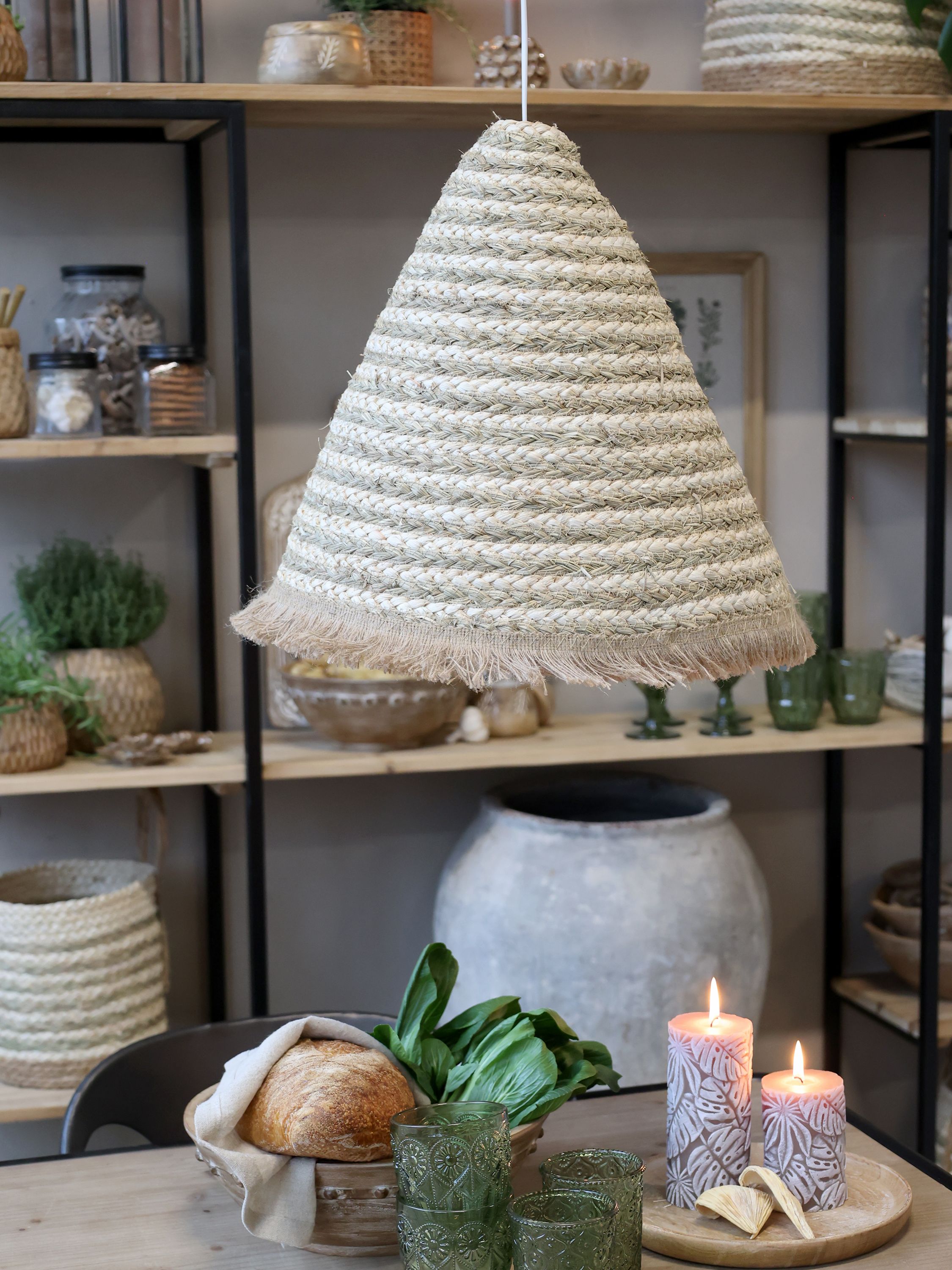 Lampenschirm aus Maisseil und Gras, 45 cm hoch, natur