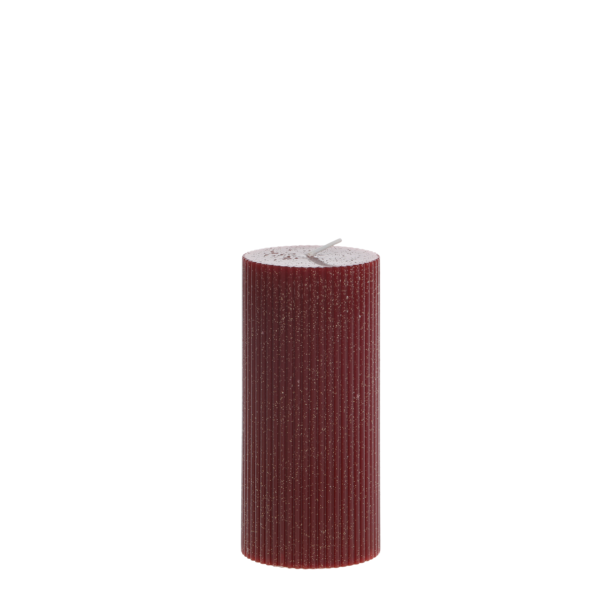 Stumpenkerze mit Rillen und Glitzer, 15 cm hoch, Kirschrot