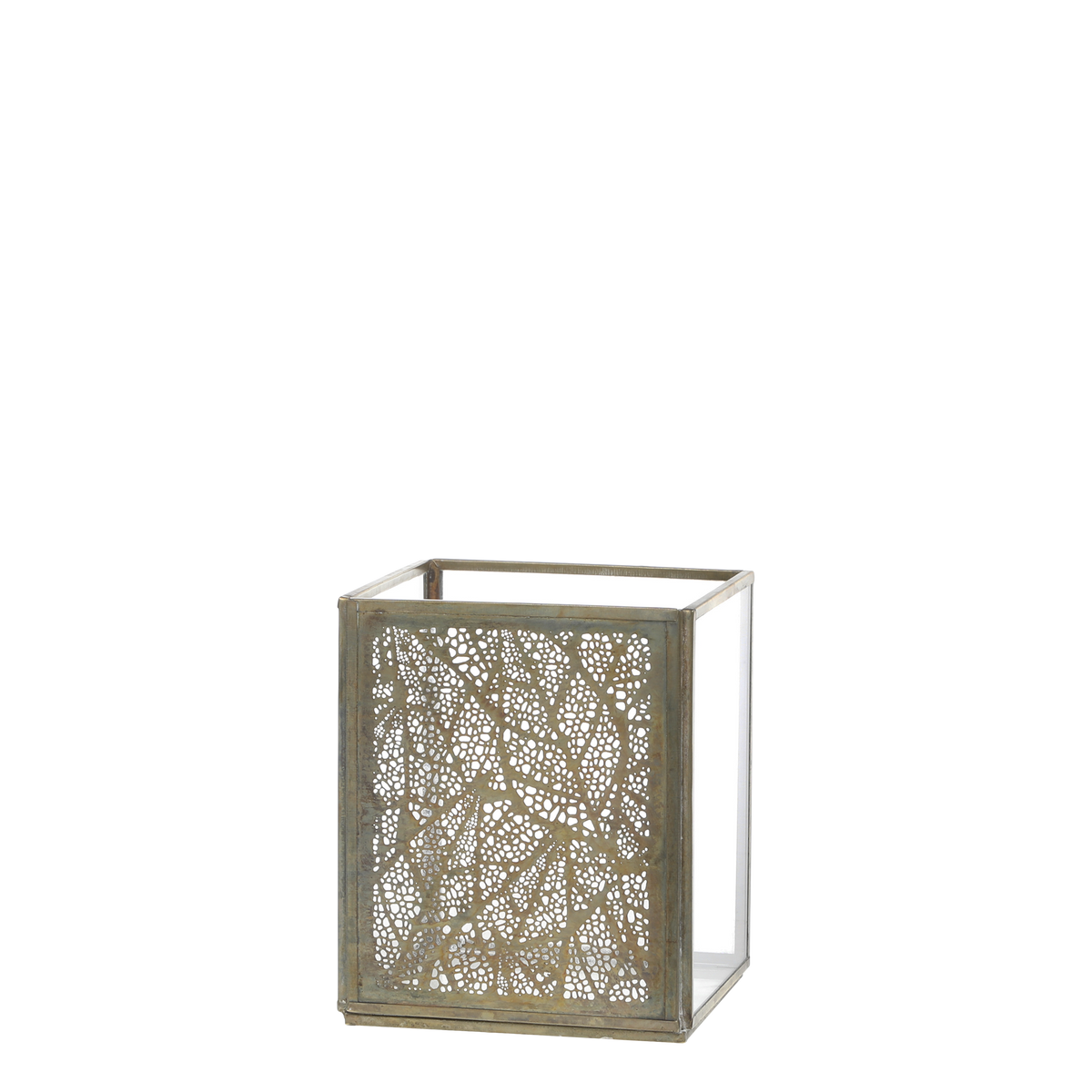 Windlicht mit Muster aus Glas und Eisen, antik messing
