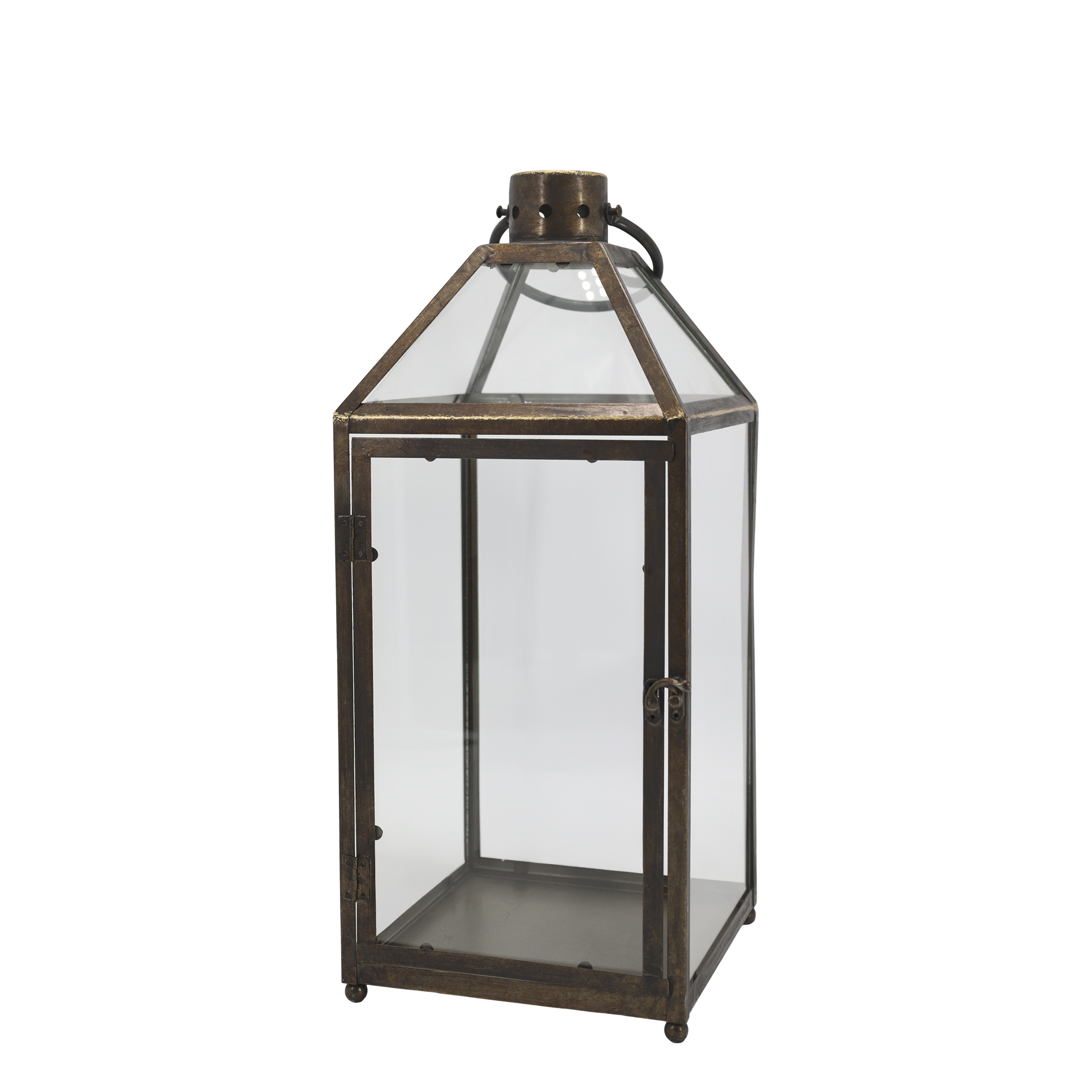 Laternen für Kerzen aus Glas und Eisen, Antik-Messing, 56 cm