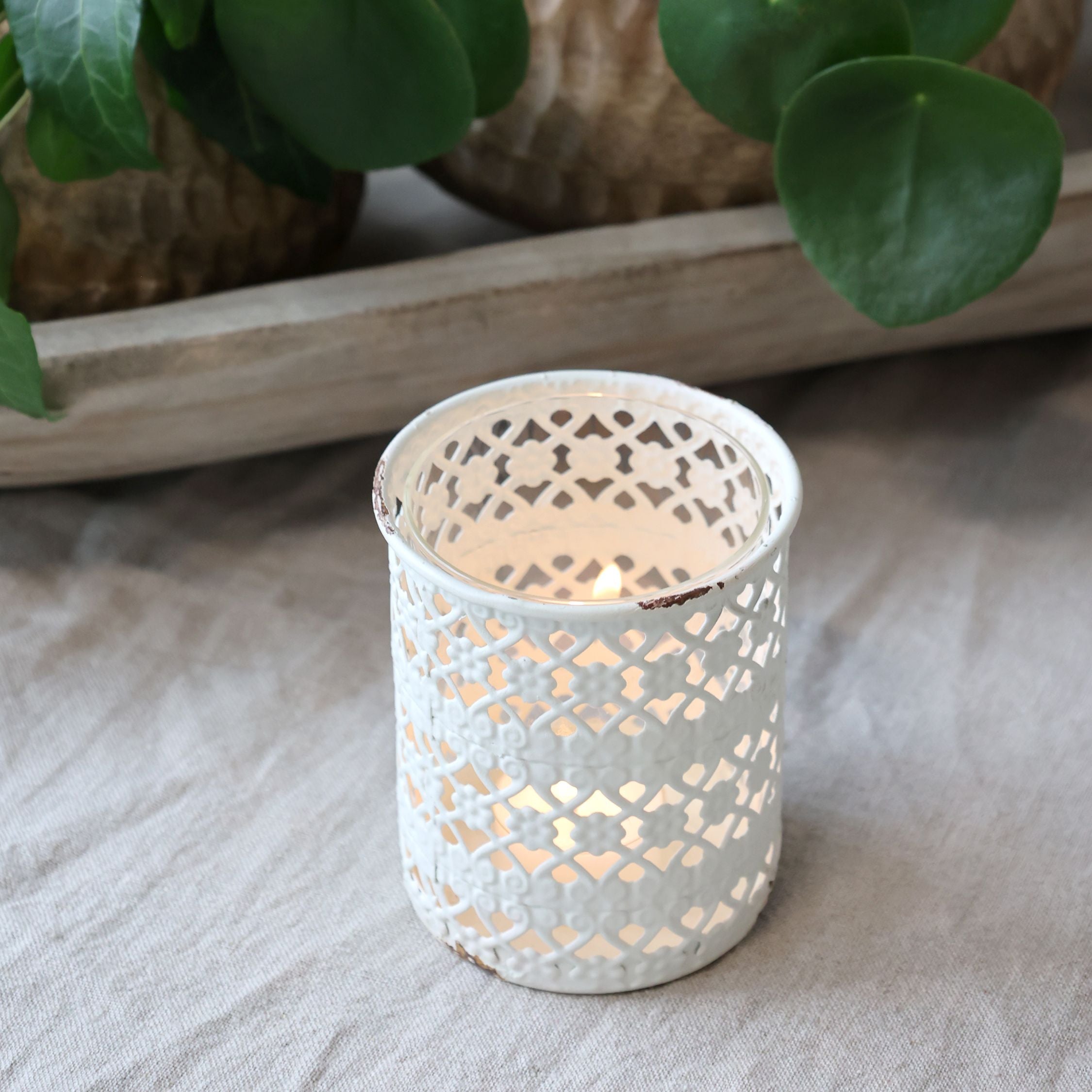 Windlicht mit Muster, 10 cm hoch, antique creme
