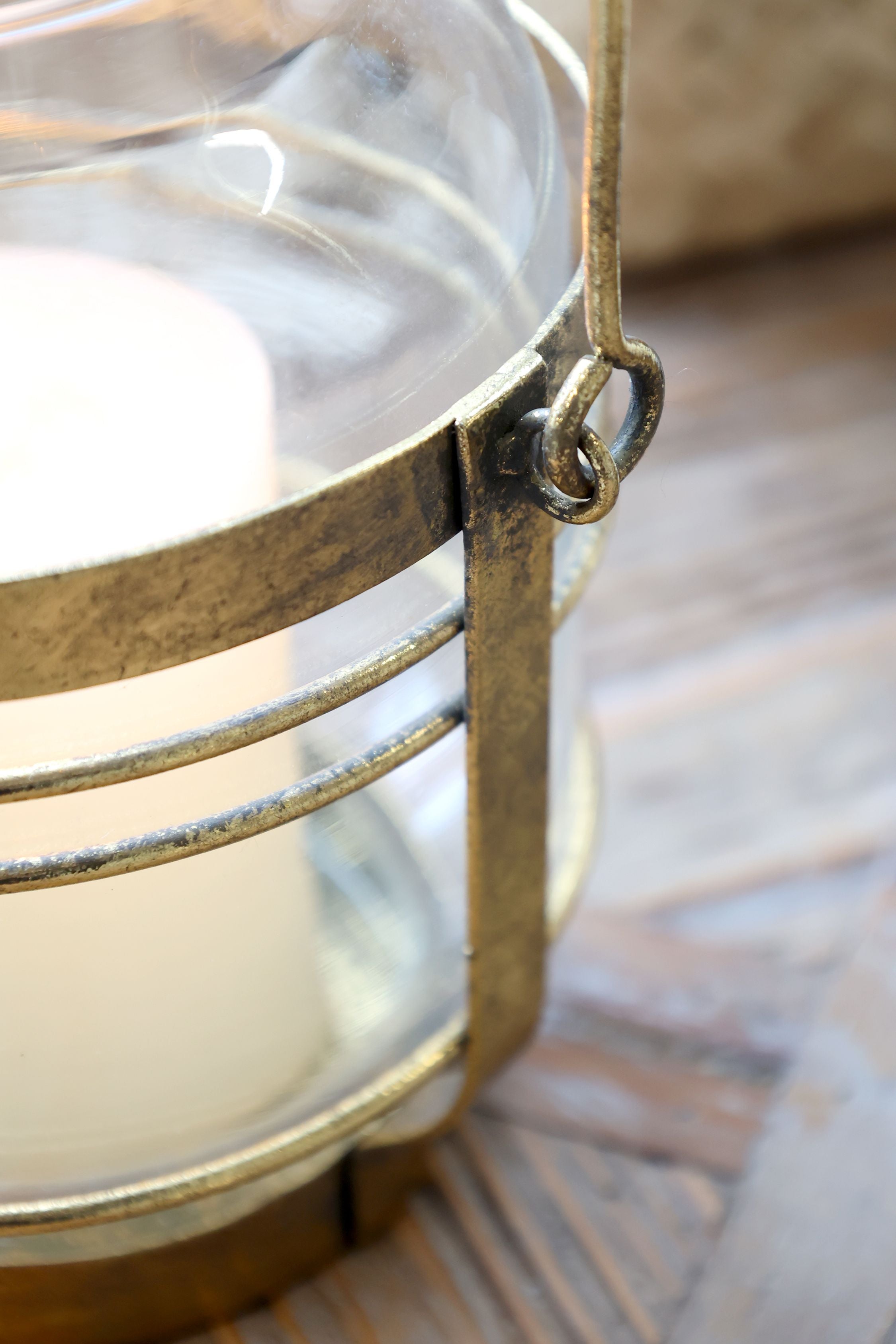 Windlicht aus Glas und Eisen, antik messing, 14 cm