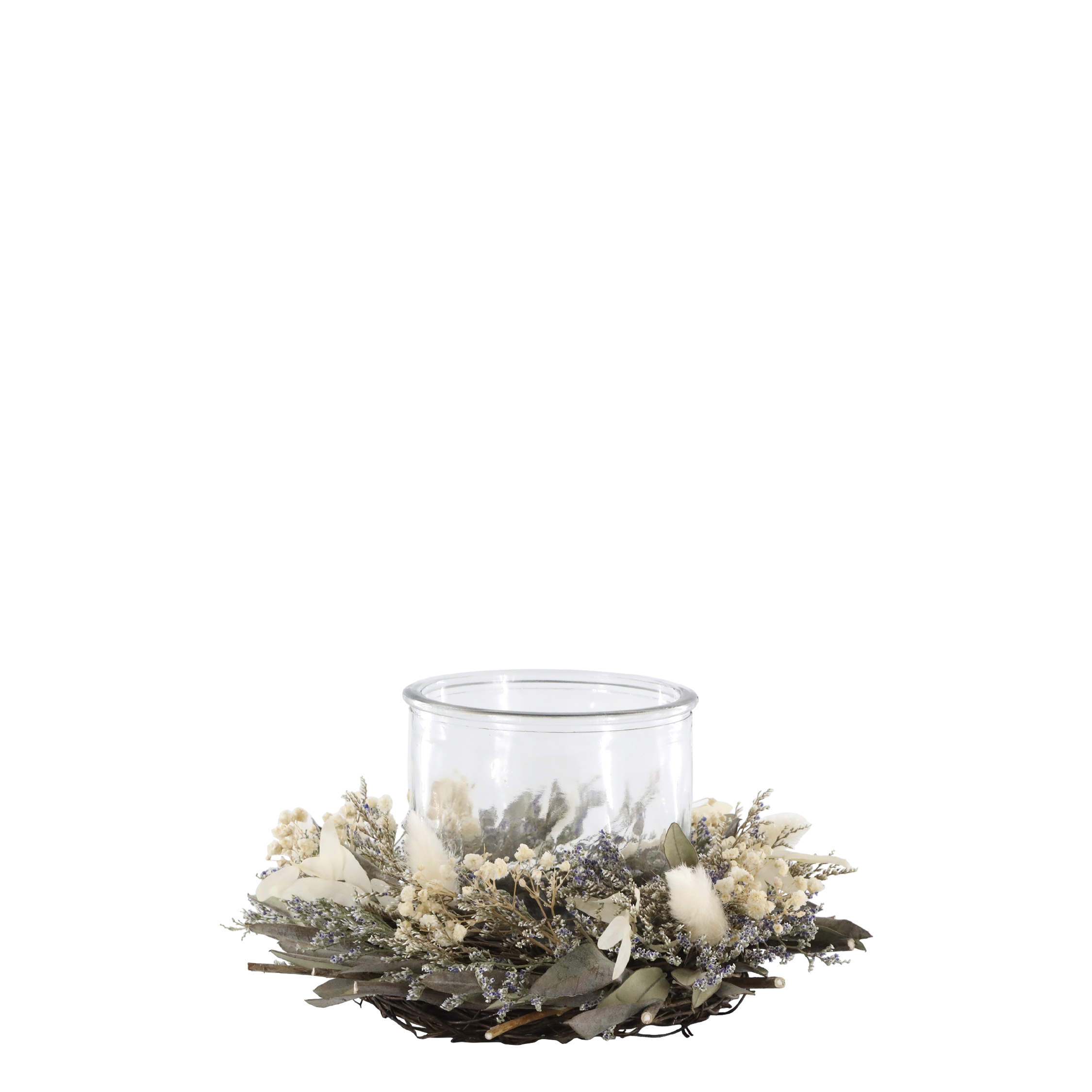 Windlicht aus Glas mit Blumenkranz, 18 cm Durchmesser