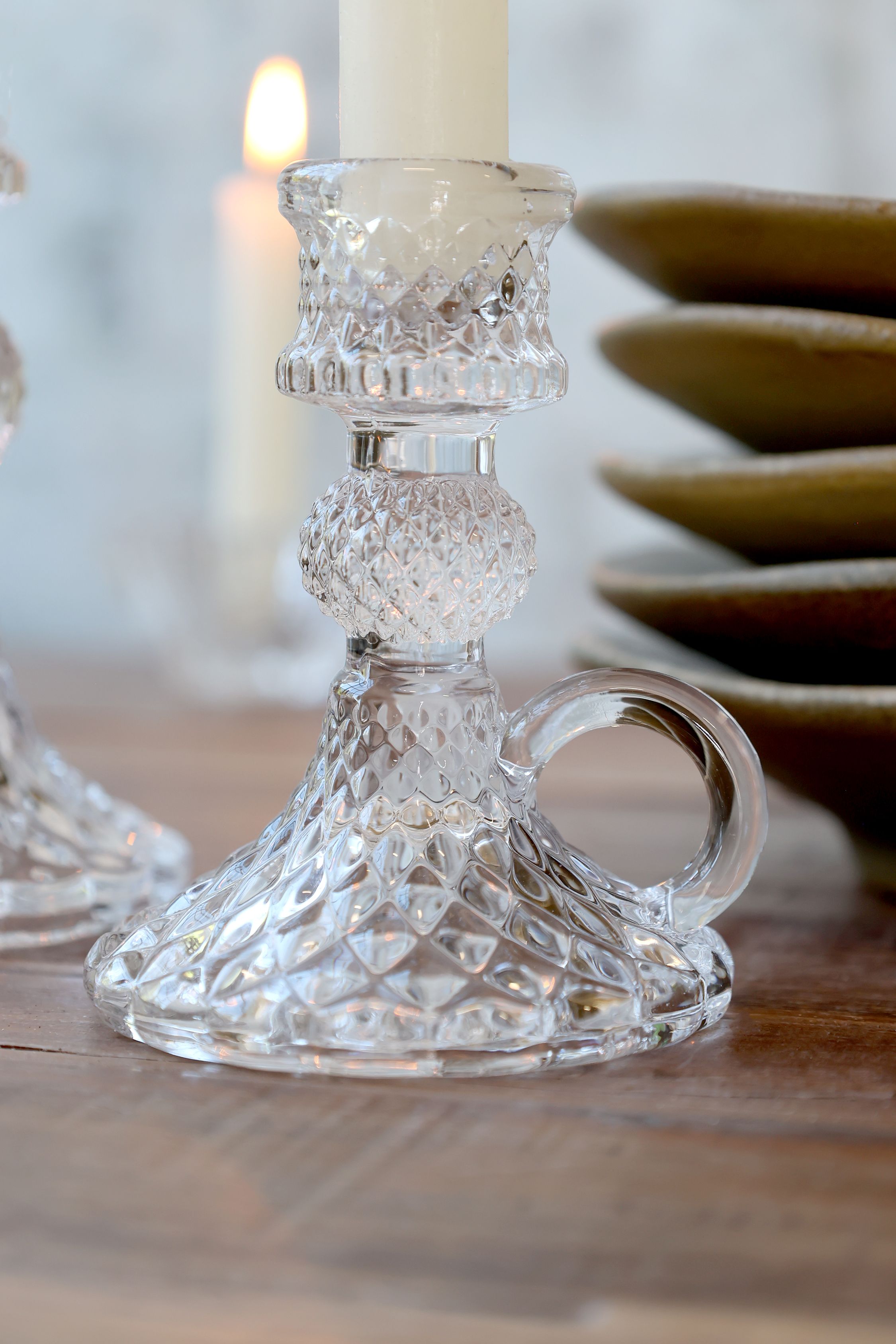 Kerzenständer mit Henkel aus Glas, 10 cm hoch