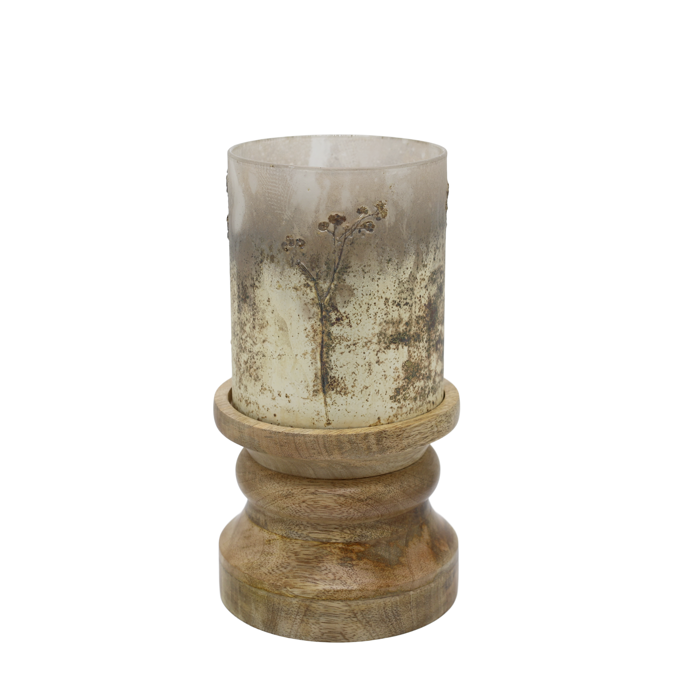 Kerzenständer aus Glas und Holz mit Blumendekor