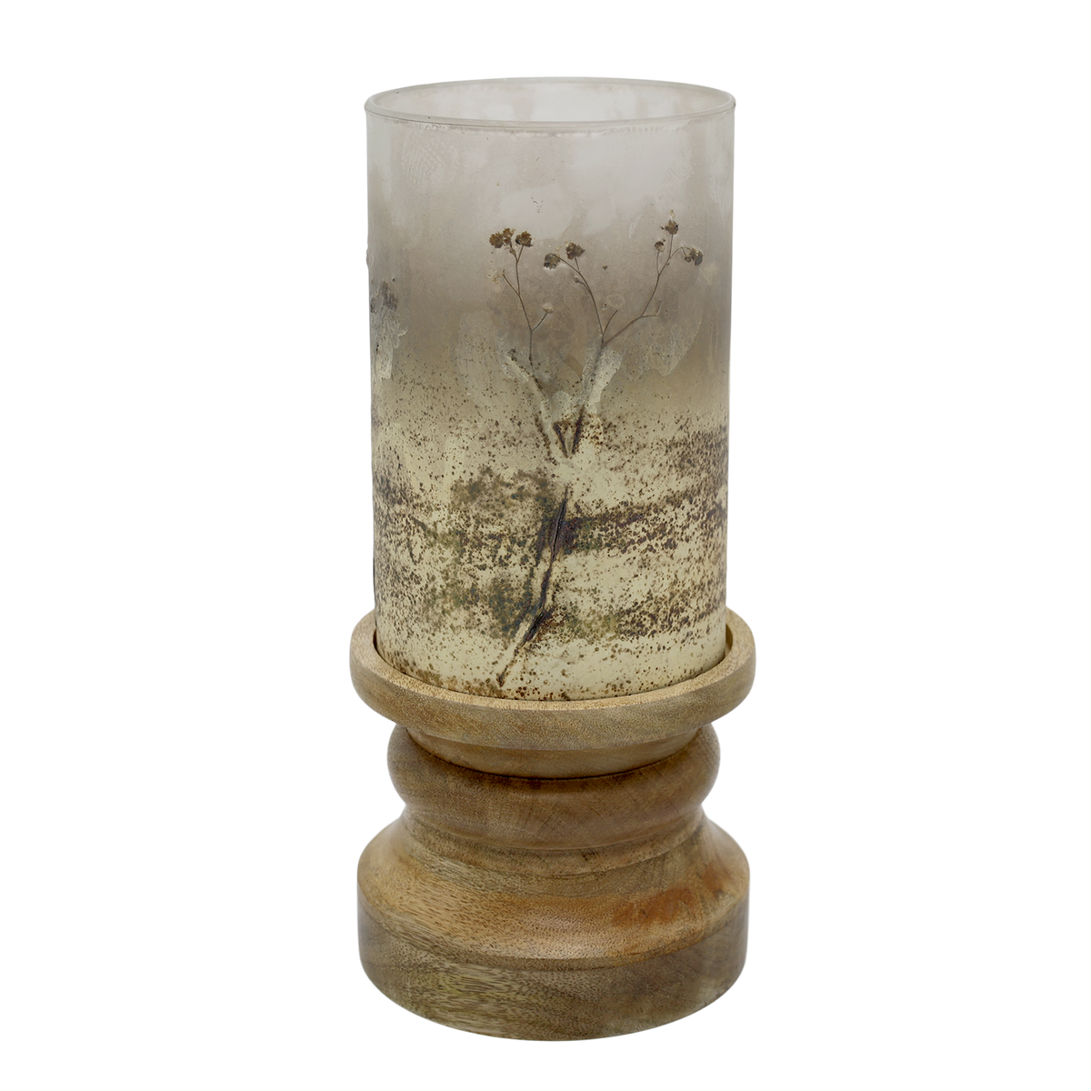 Kerzenständer aus Glas und Mangoholz mit Blütendekor