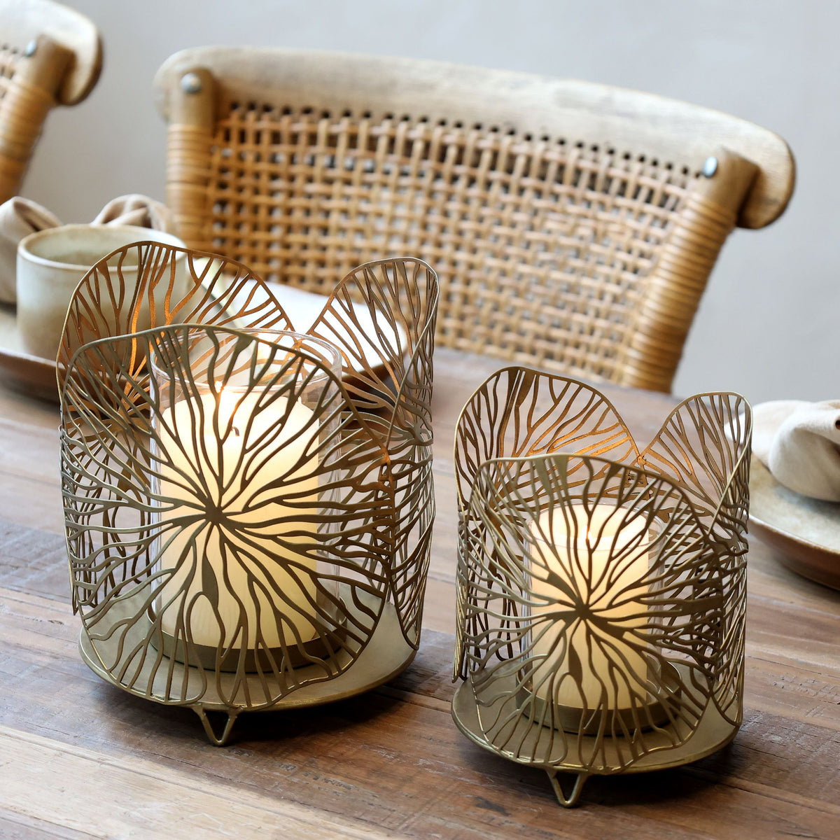 Windlicht Glas mit Blattmuster, 2er-Set, Antique Messing