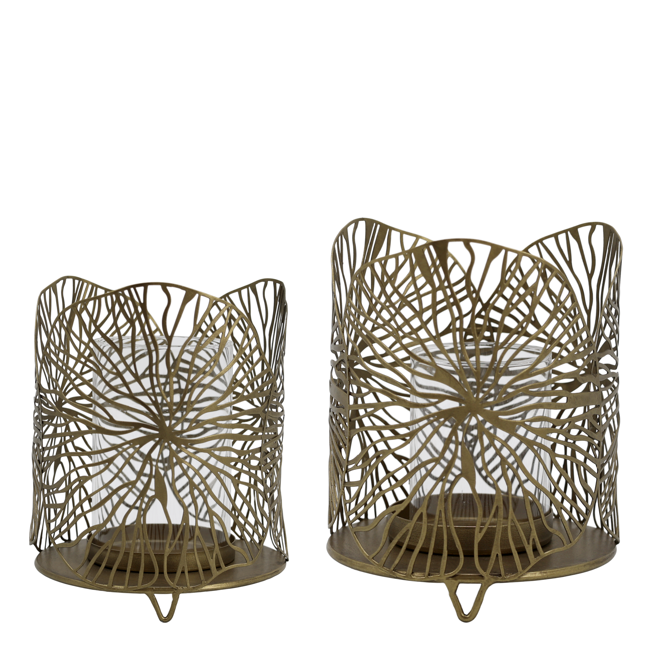 Windlicht Glas mit Blattmuster, 2er-Set, Antique Messing