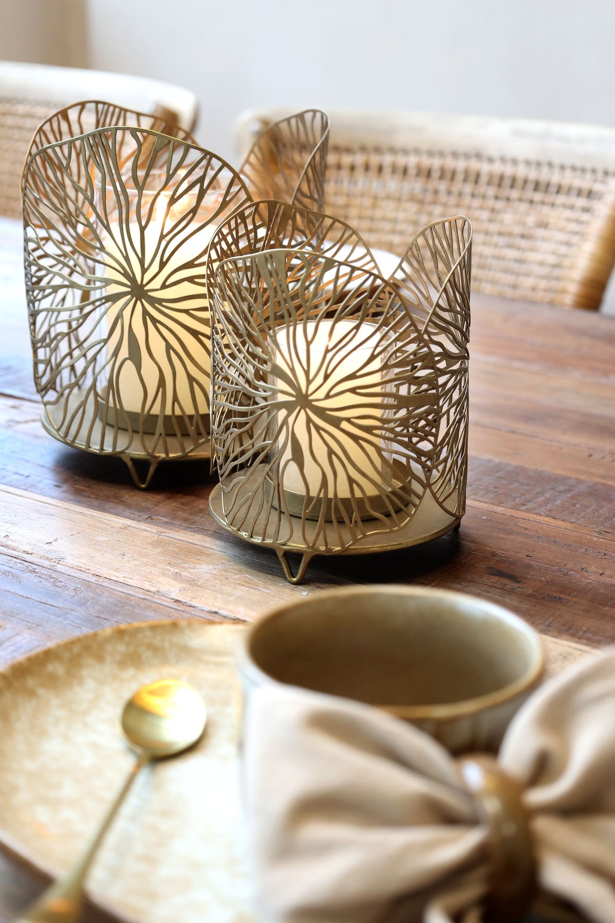 Windlicht Glas mit Blattmuster, 2er-Set, Antique Messing