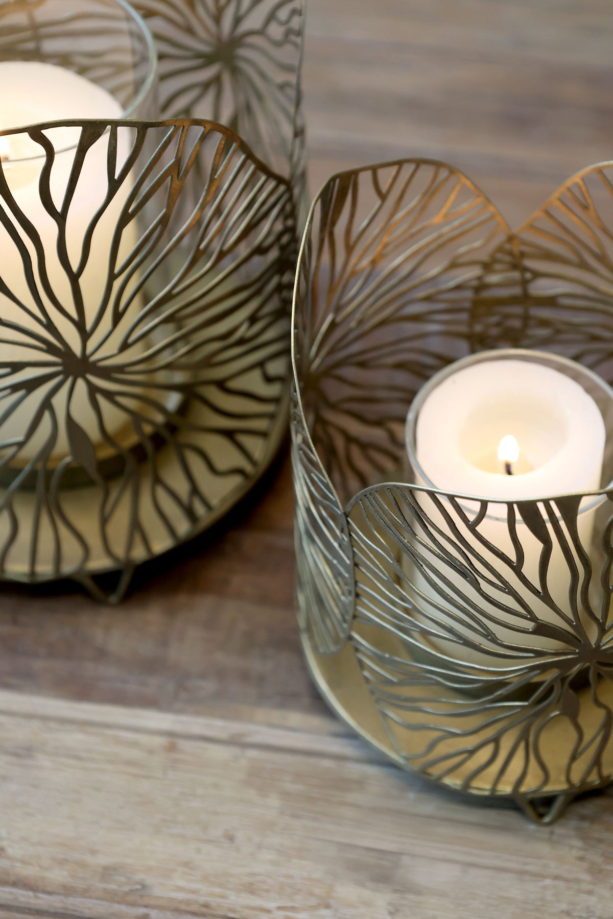 Windlicht Glas mit Blattmuster, 2er-Set, Antique Messing