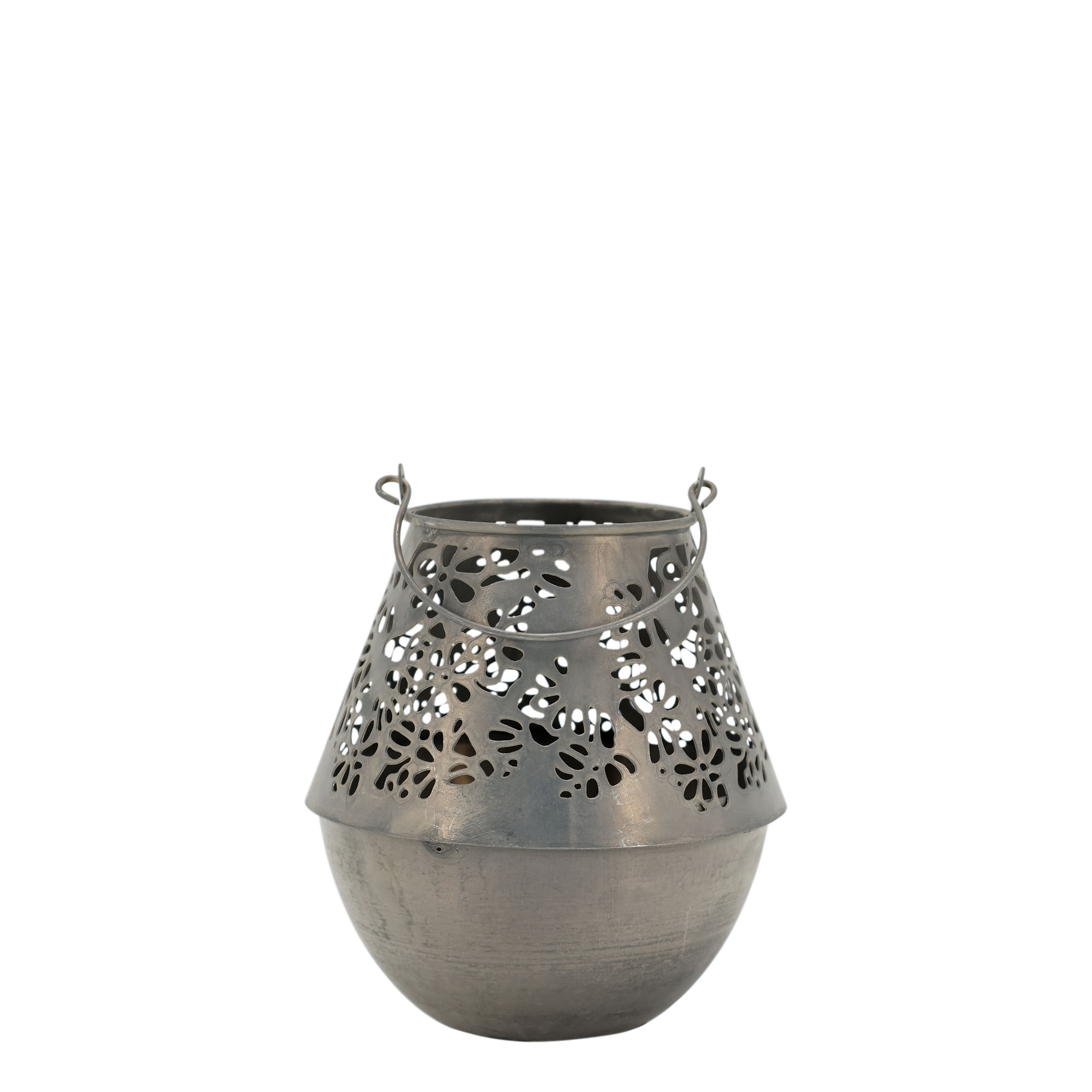 Teelichthalter Ampel mit Blumenmuster, antique zink, 14 cm