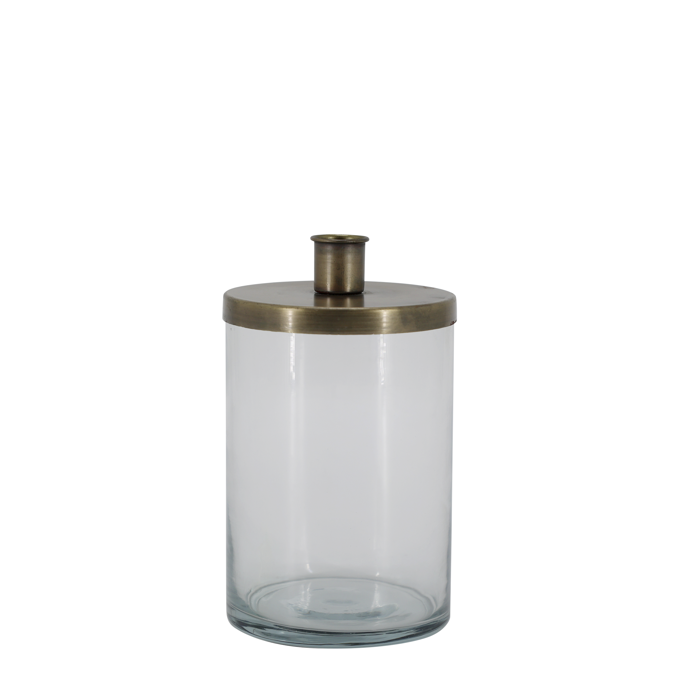 Kerzenständer mit Halter aus Glas und Eisen, antik messing