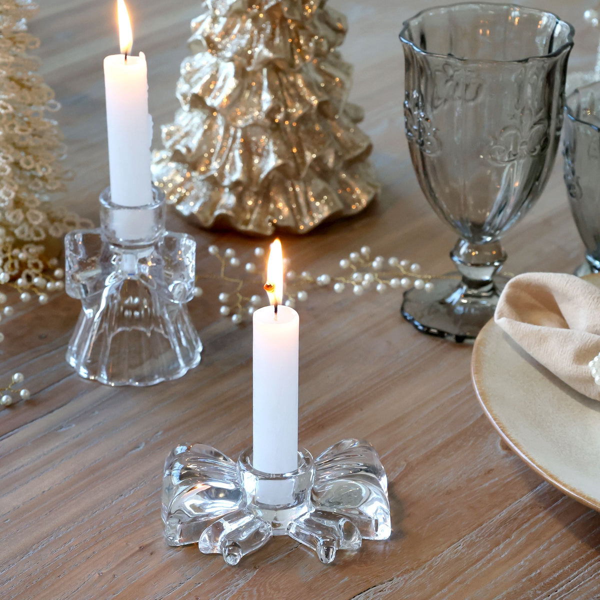 Kerzenständer mit Schleife aus Glas, 10 cm lang