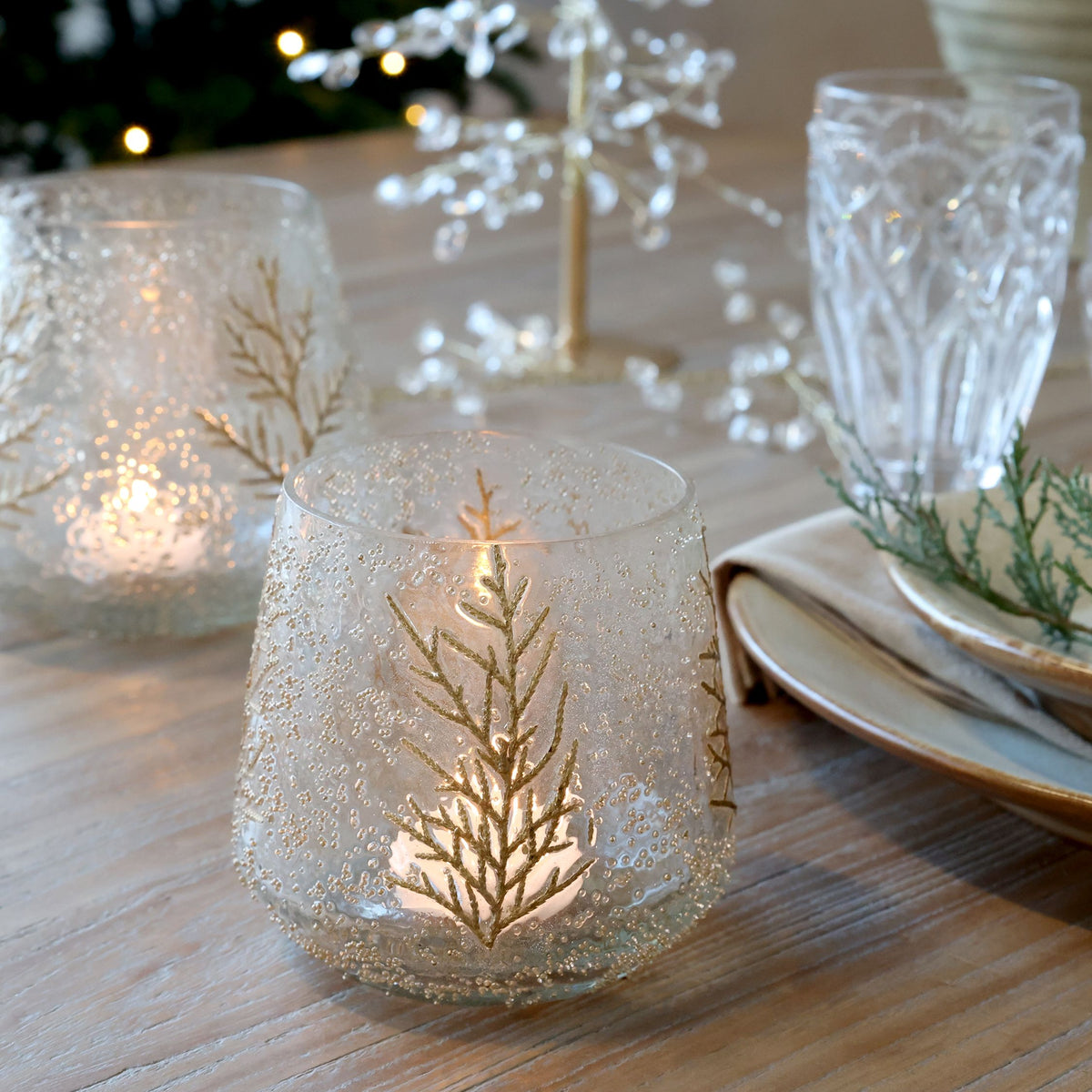 Windlicht aus Glas mit Zweig, 10 cm hoch, klar