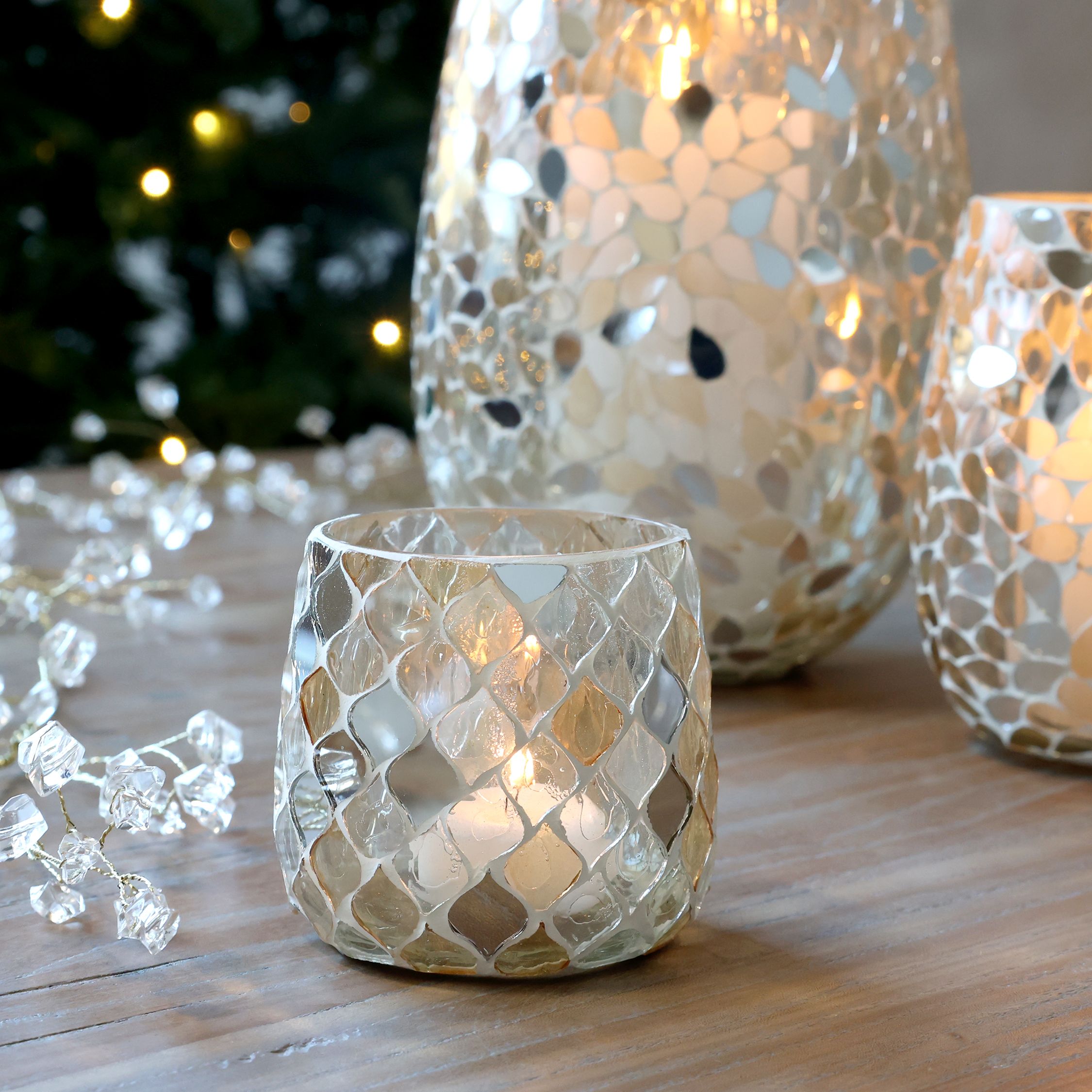 Windlicht Mosaik aus Glas, champagner, 8 cm hoch
