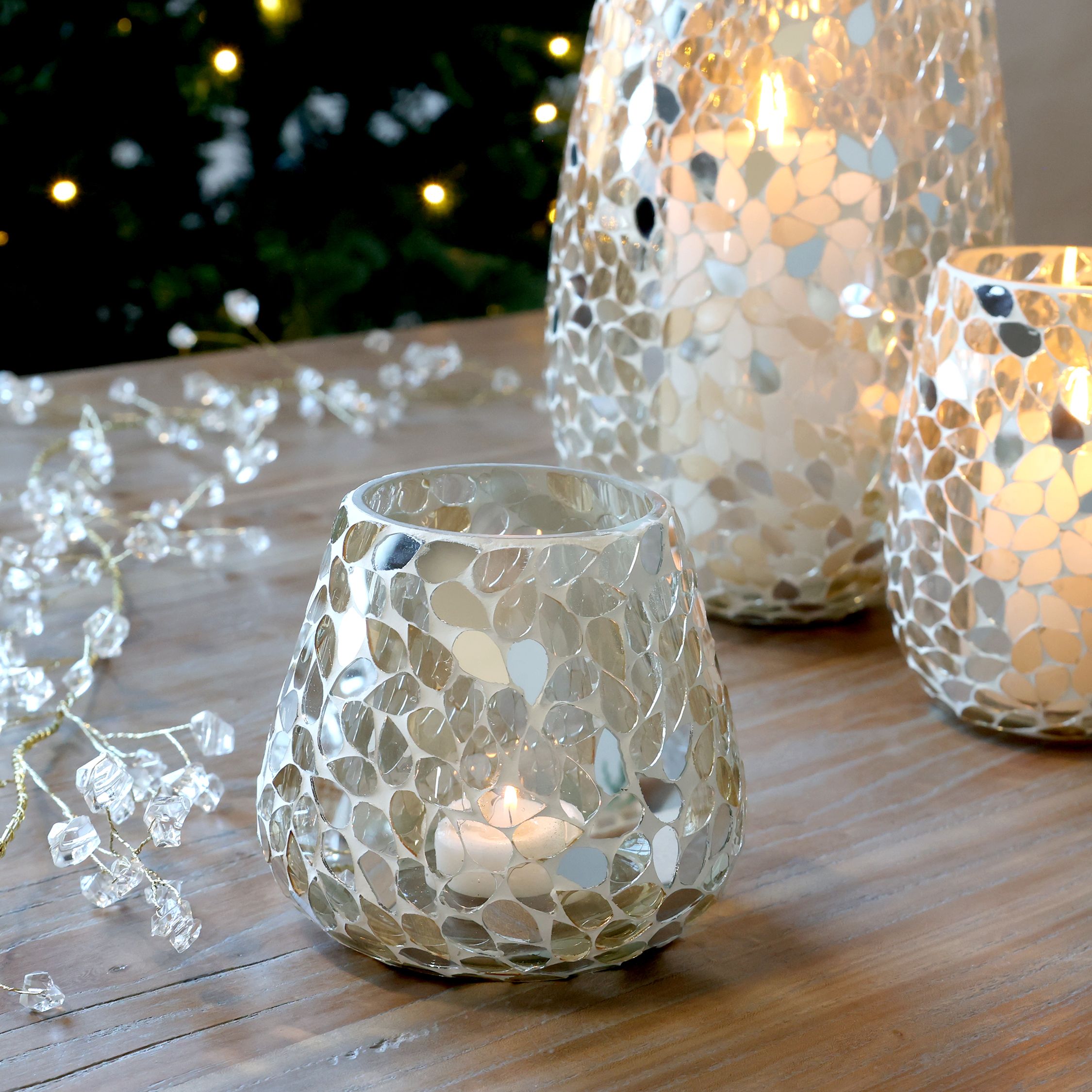 Windlicht Mosaik aus Glas, champagner, 12 cm hoch