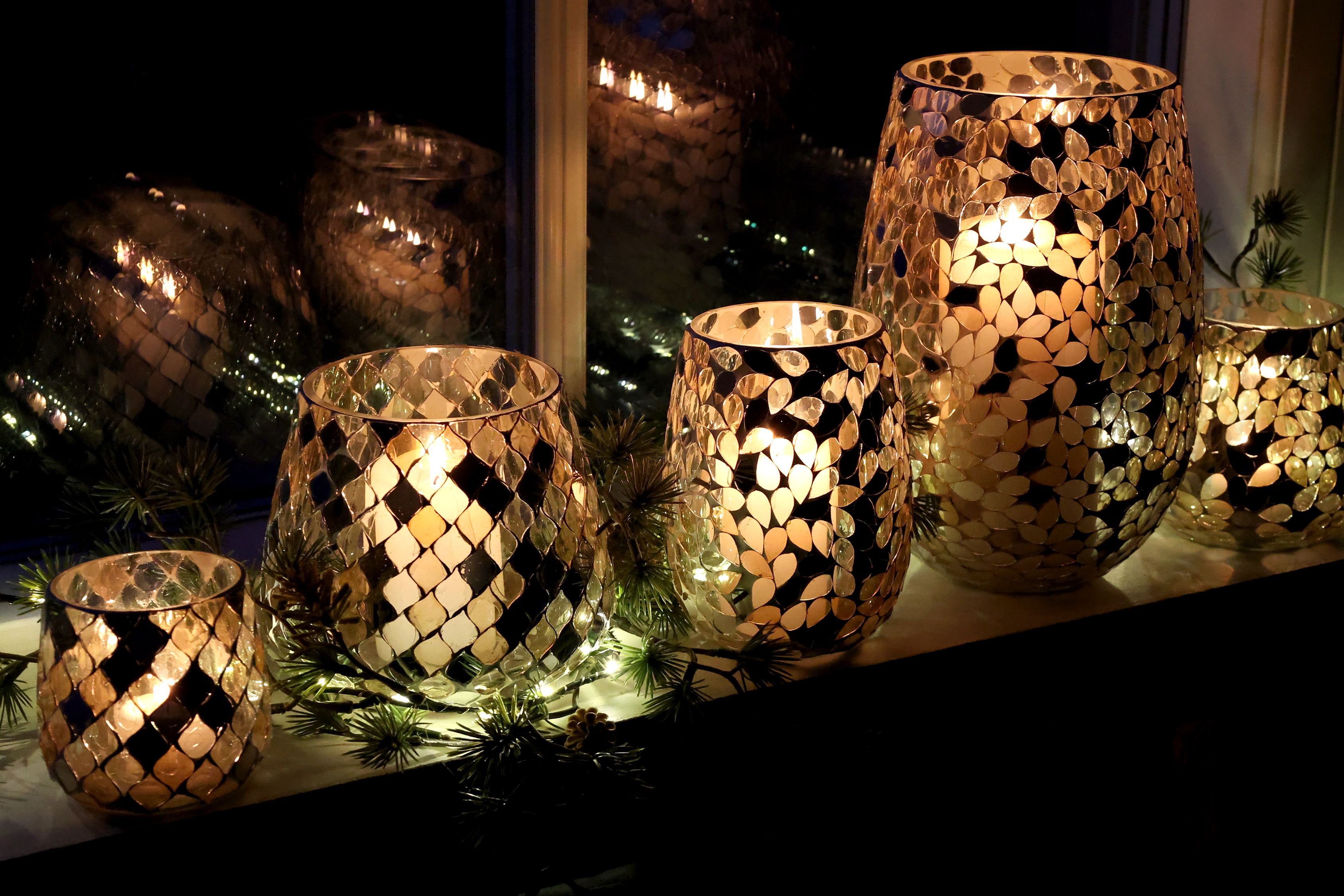 Windlicht Mosaik aus Glas, champagner, 14 cm hoch