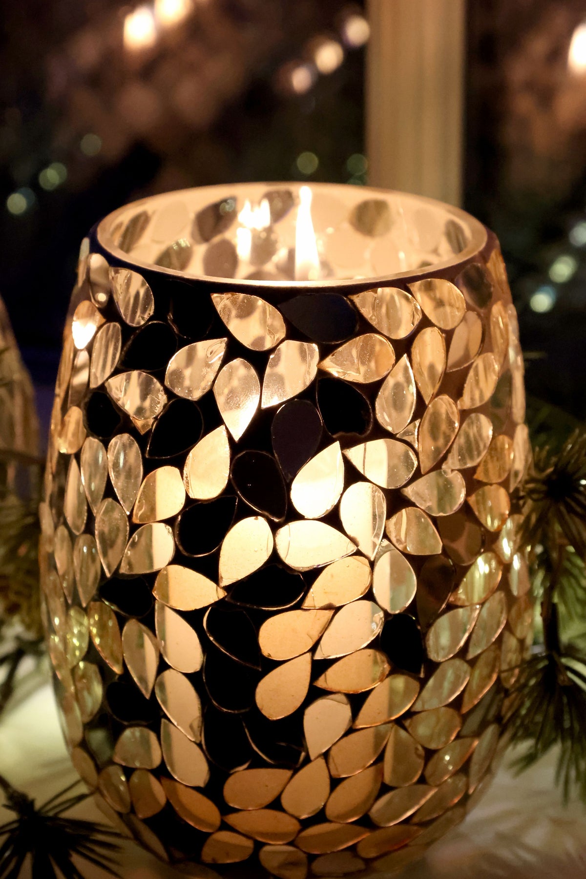 Windlicht Mosaik aus Glas, champagner, 14 cm hoch