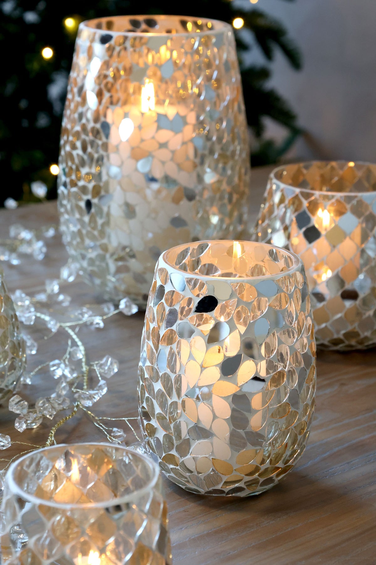 Windlicht Mosaik aus Glas, champagner, 23 cm hoch