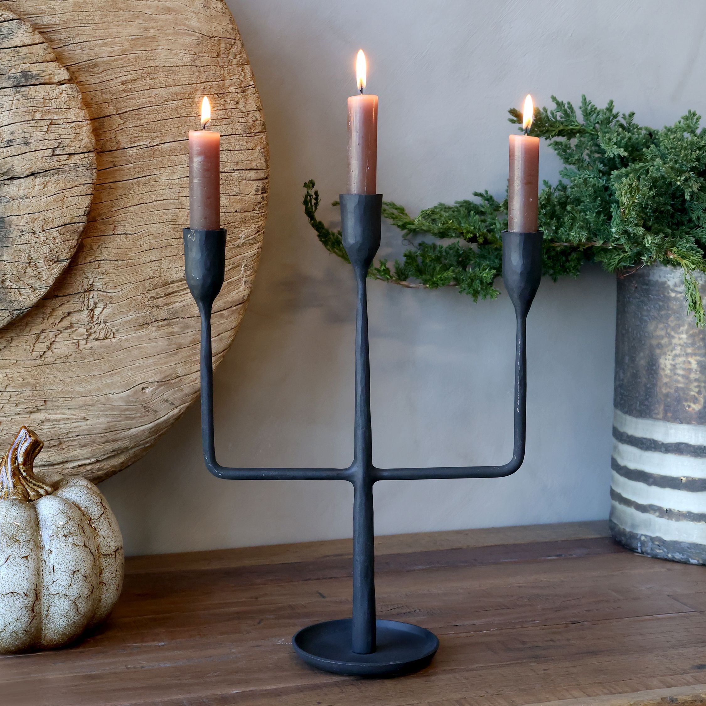 Kerzenständer mit 3 Haltern, Eisen, antik schwarz, 32 cm