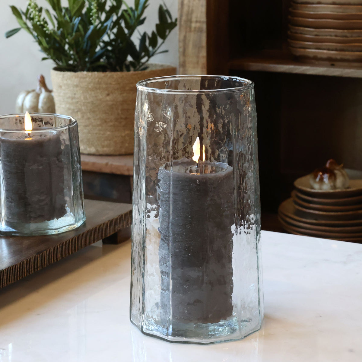 Windlicht aus Glas, 25 cm hoch, klar mit Rillen