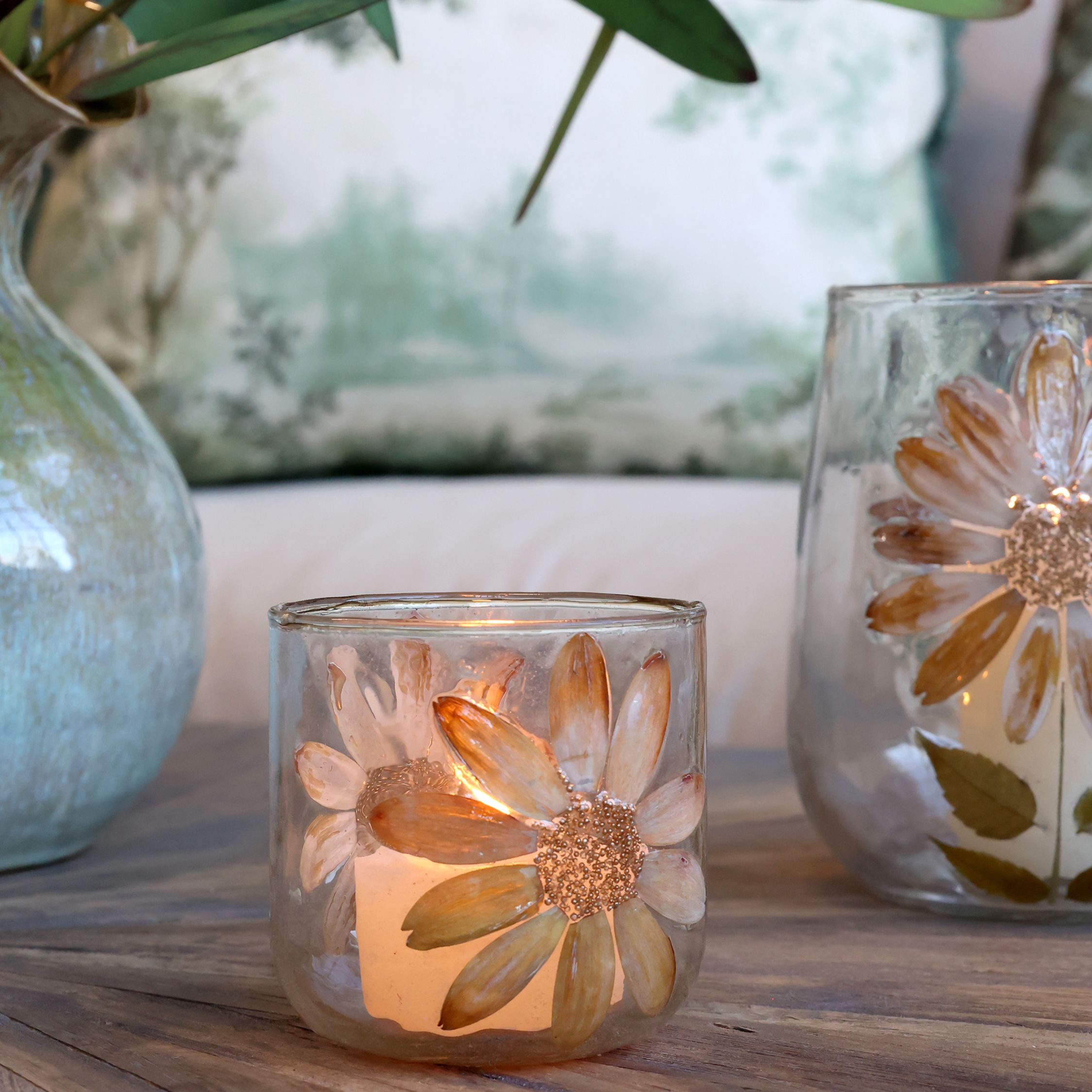 Windlicht Deko mit getrockneten Blumen, Glas 8 cm