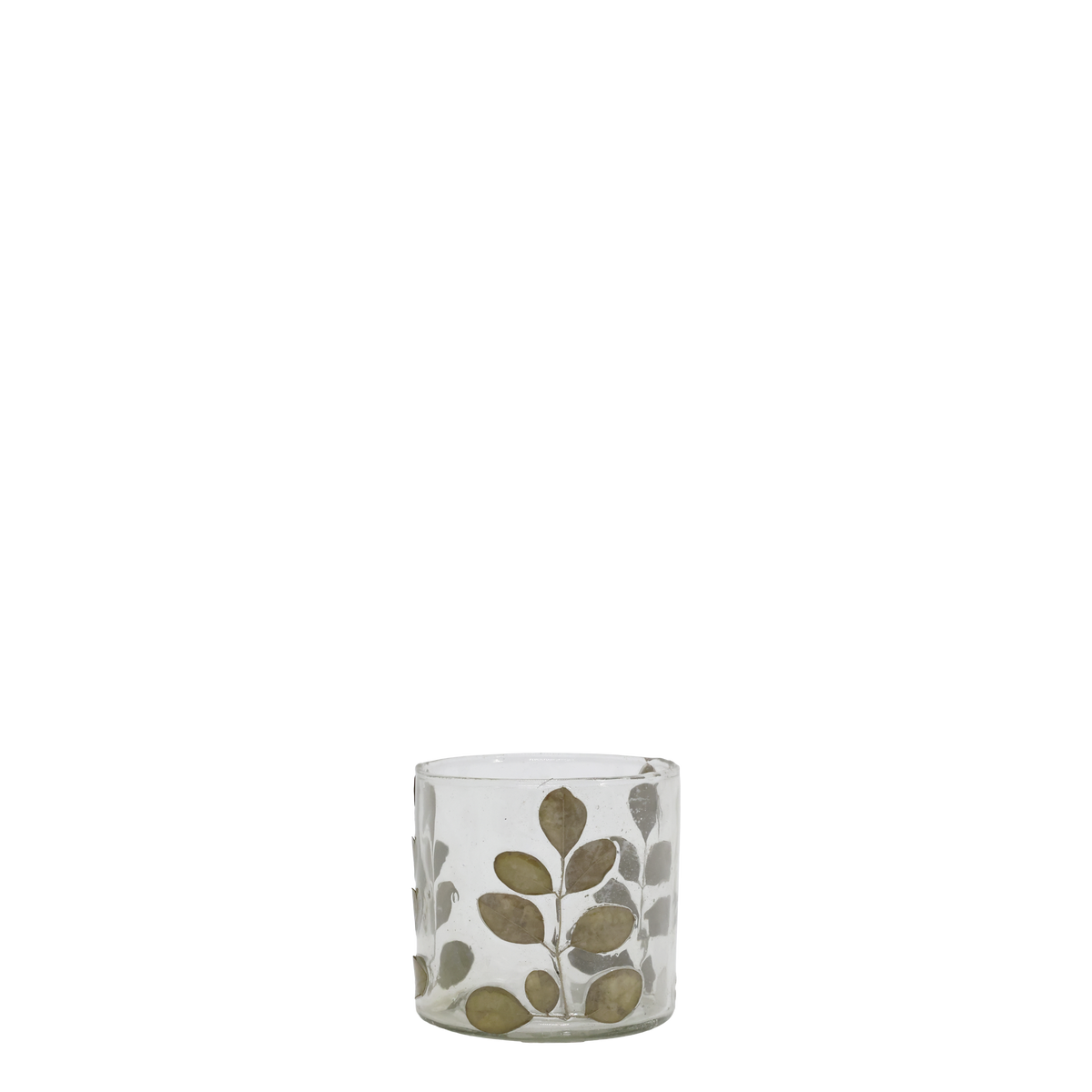 Deko Windlicht Glas mit getrockneten Blättern, 8 cm