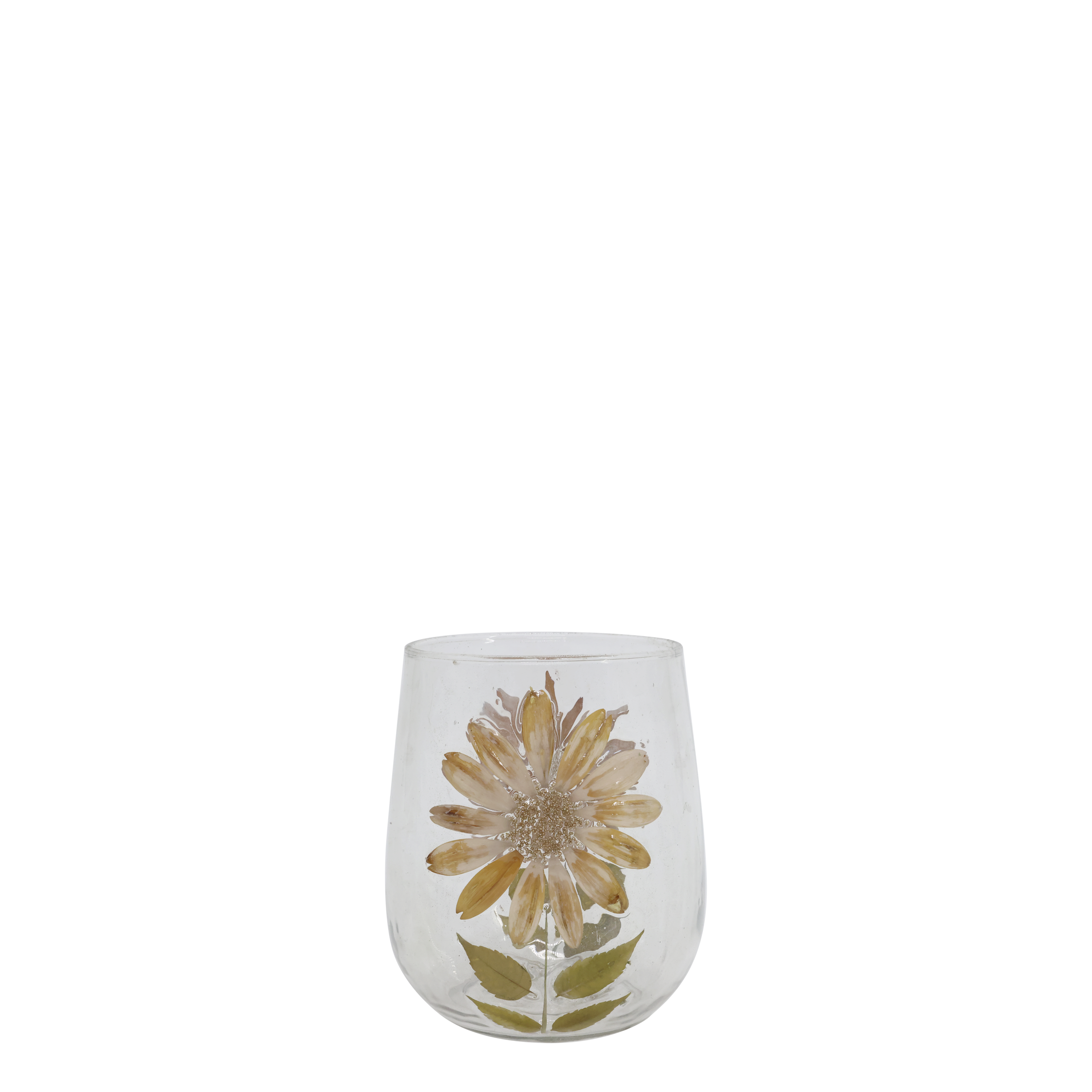 Windlicht Deko mit getrockneten Blumen, Glas, 14 cm hoch