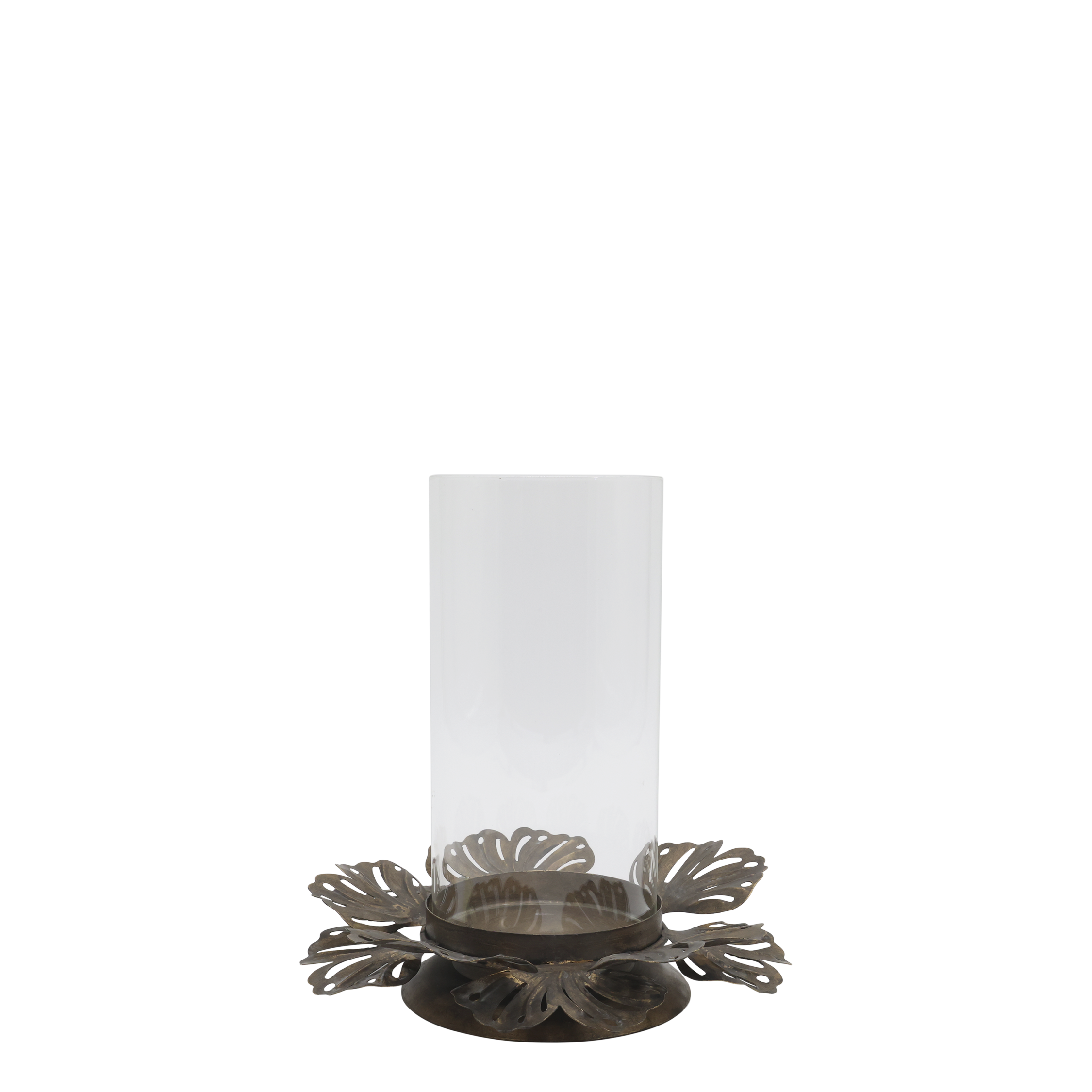 Windlicht aus Glas und Eisen, 22,5 cm hoch, antique messing