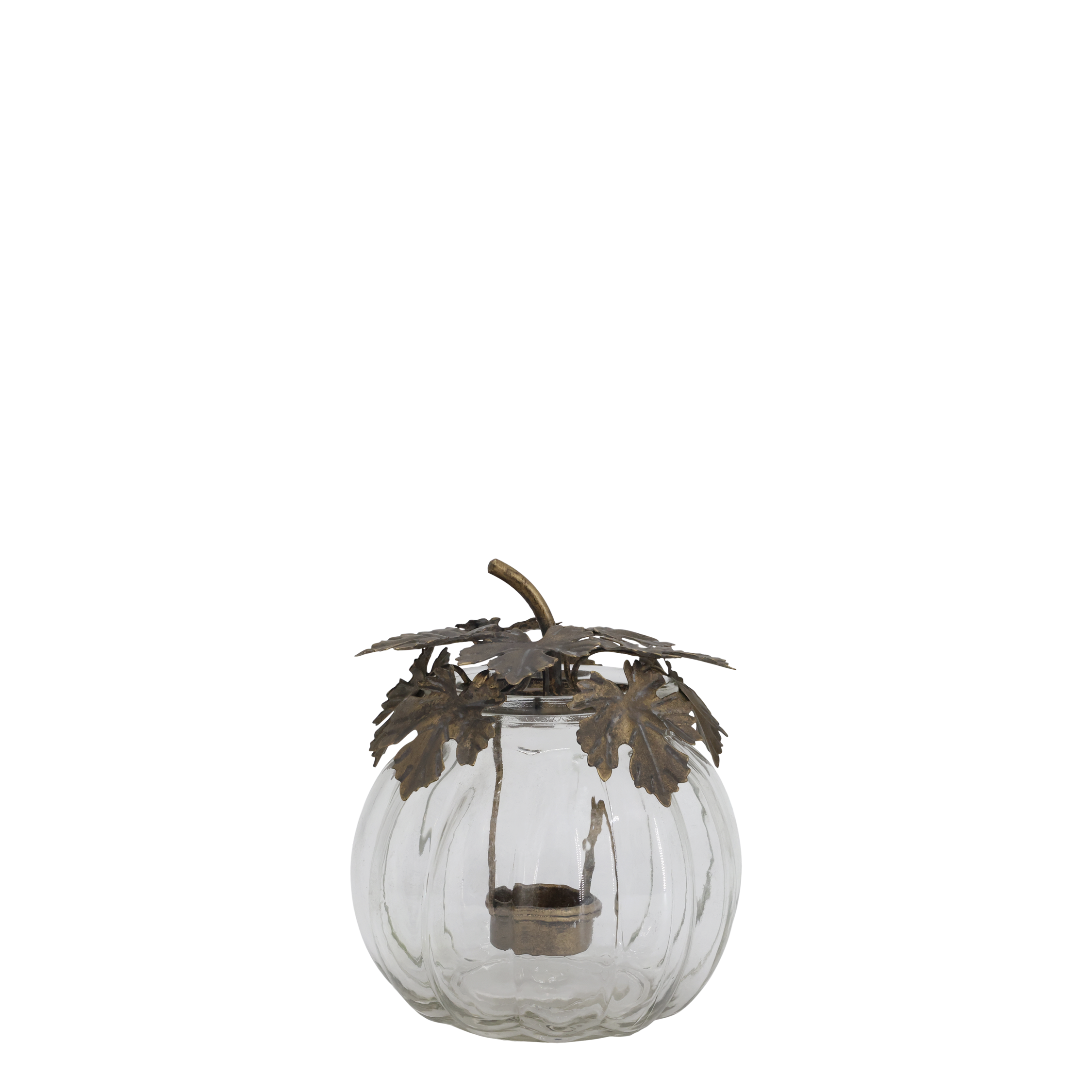 Windlicht aus Glas und Eisen, 17,5 cm hoch, antik messing