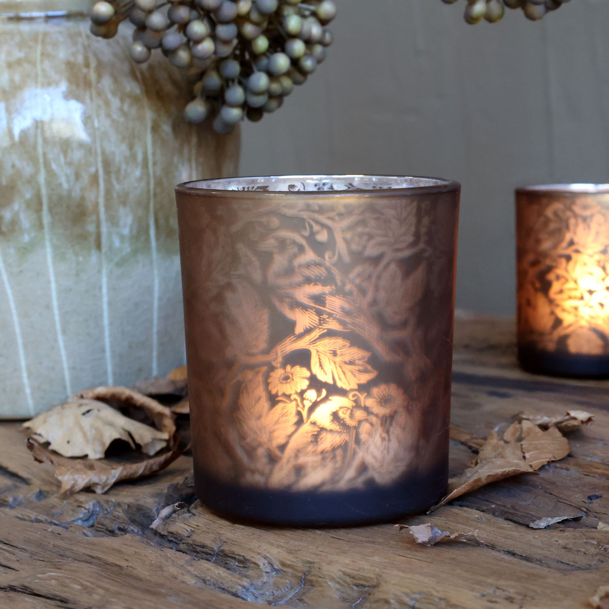 Windlicht aus Glas mit Muster, messingfarben, 10 cm hoch