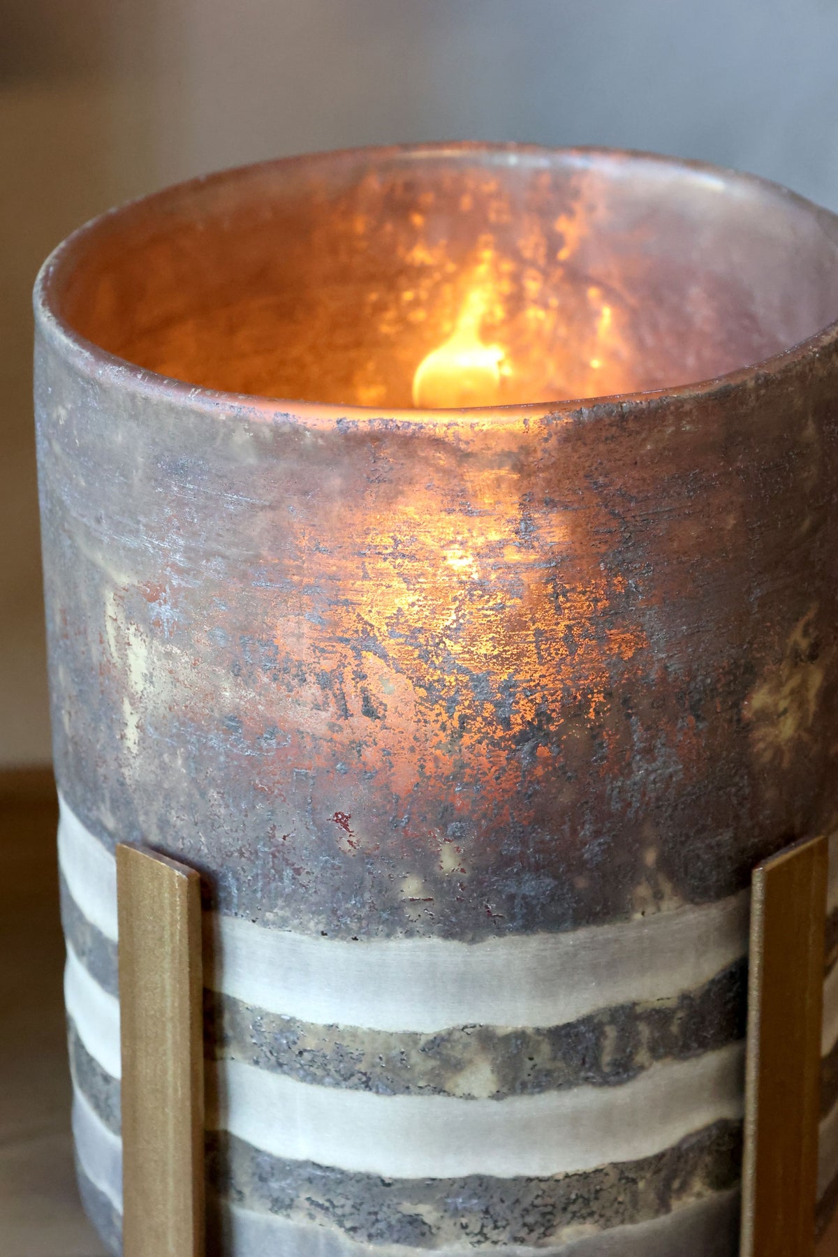 Windlicht auf Fuß Glas und Metall 31 cm hoch Antique Coffee