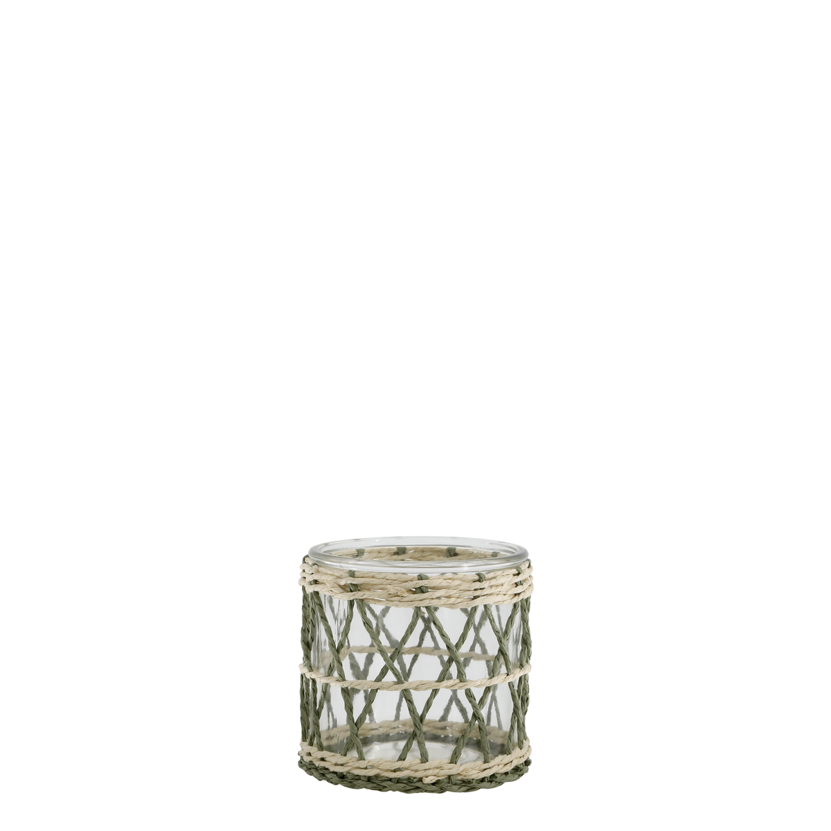 Windlicht aus Glas mit geflochtener Schnur, 10 cm hoch