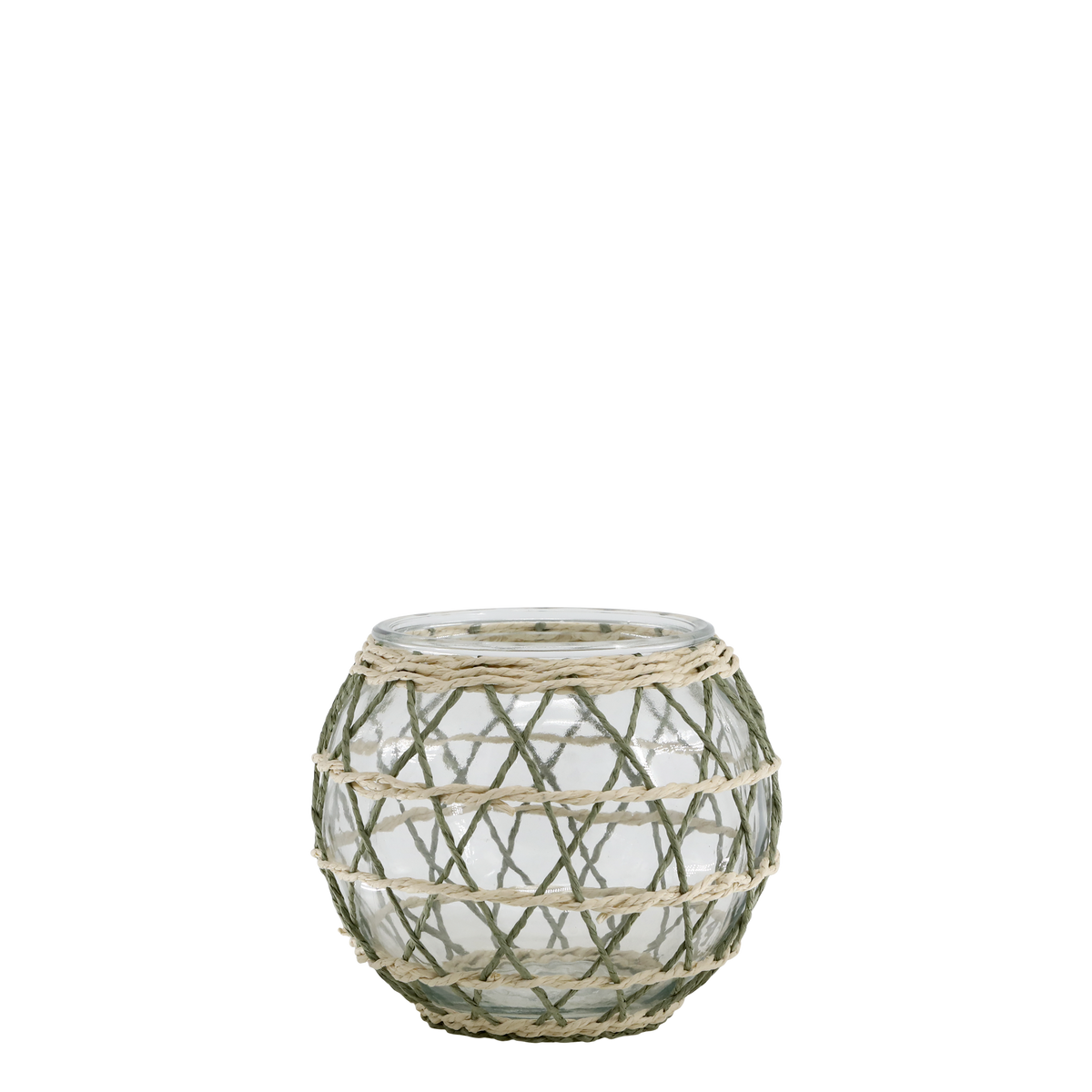Windlicht aus Glas mit geflochtener Schnur, 13 cm hoch