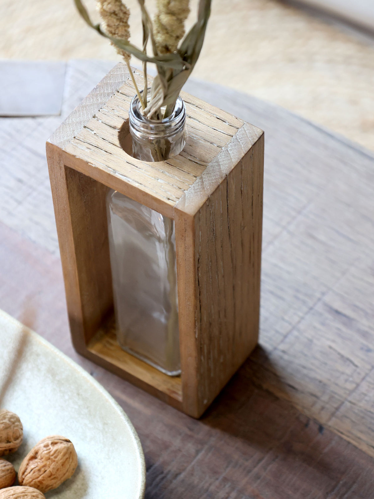 Flasche mit Holzhalter aus Glas und Kiefernholz, 22,5 cm