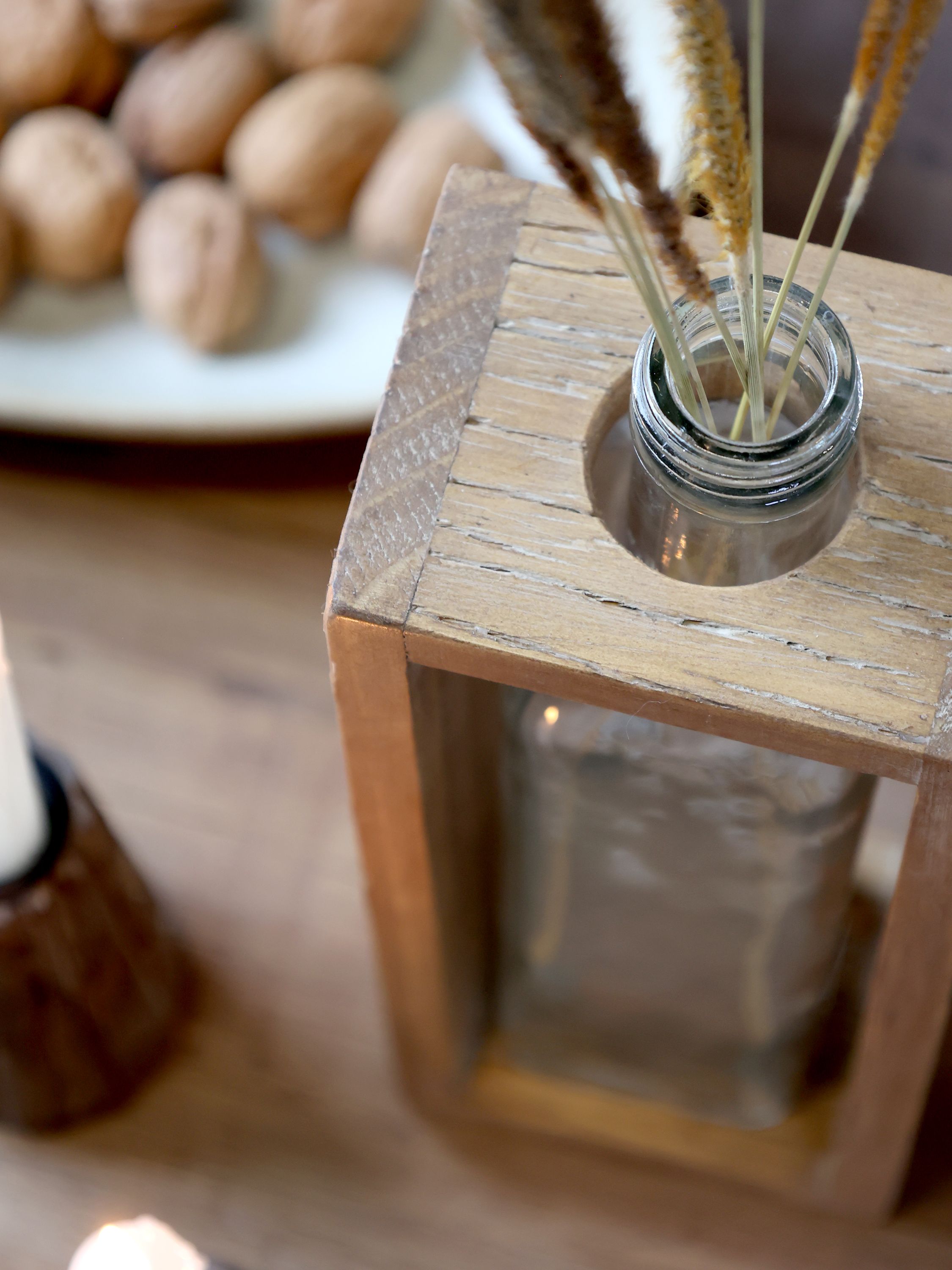 Flasche mit Holzhalter aus Glas und Kiefernholz, 27,5 cm