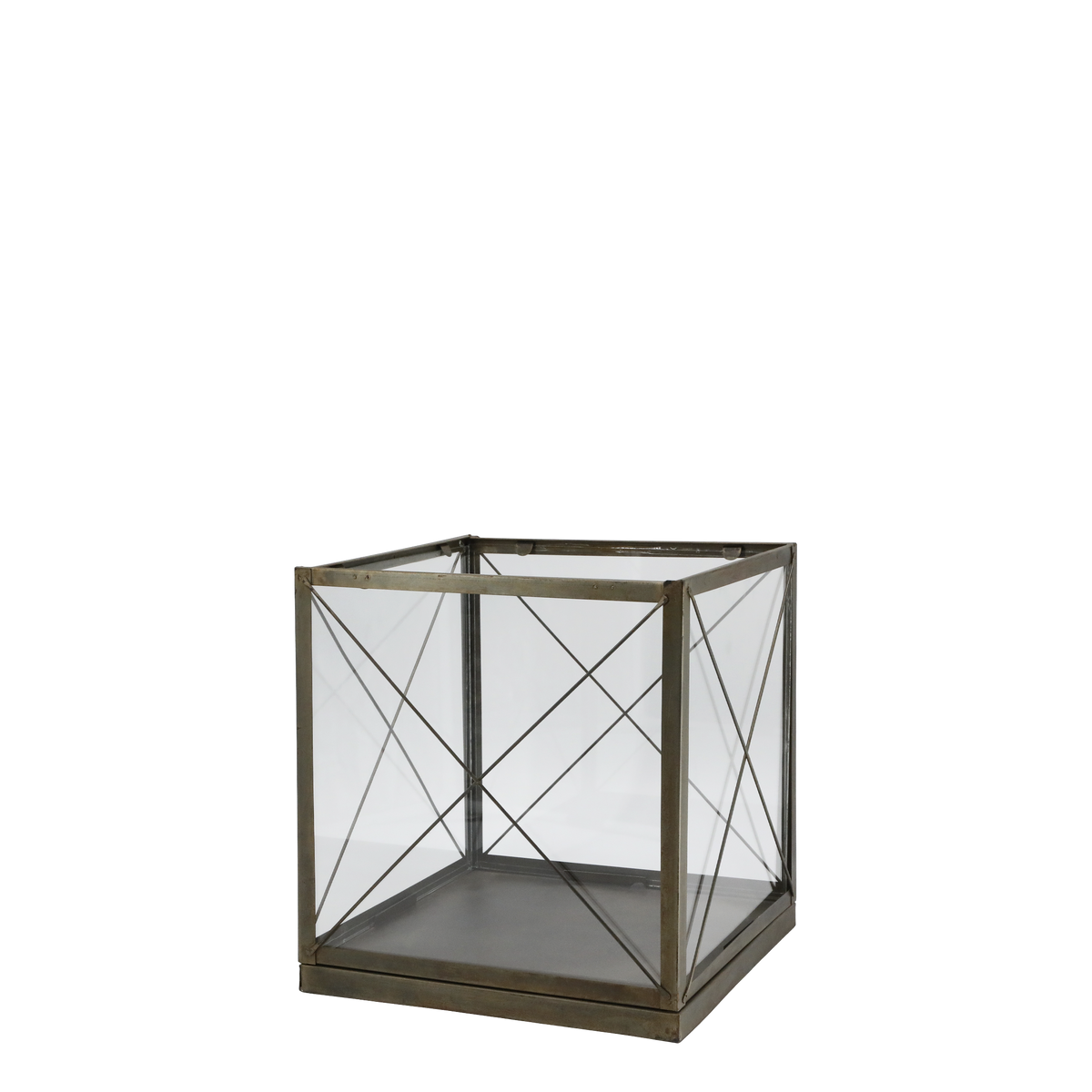 Windlicht aus Glas und Eisen, antik messing, 31 cm breit