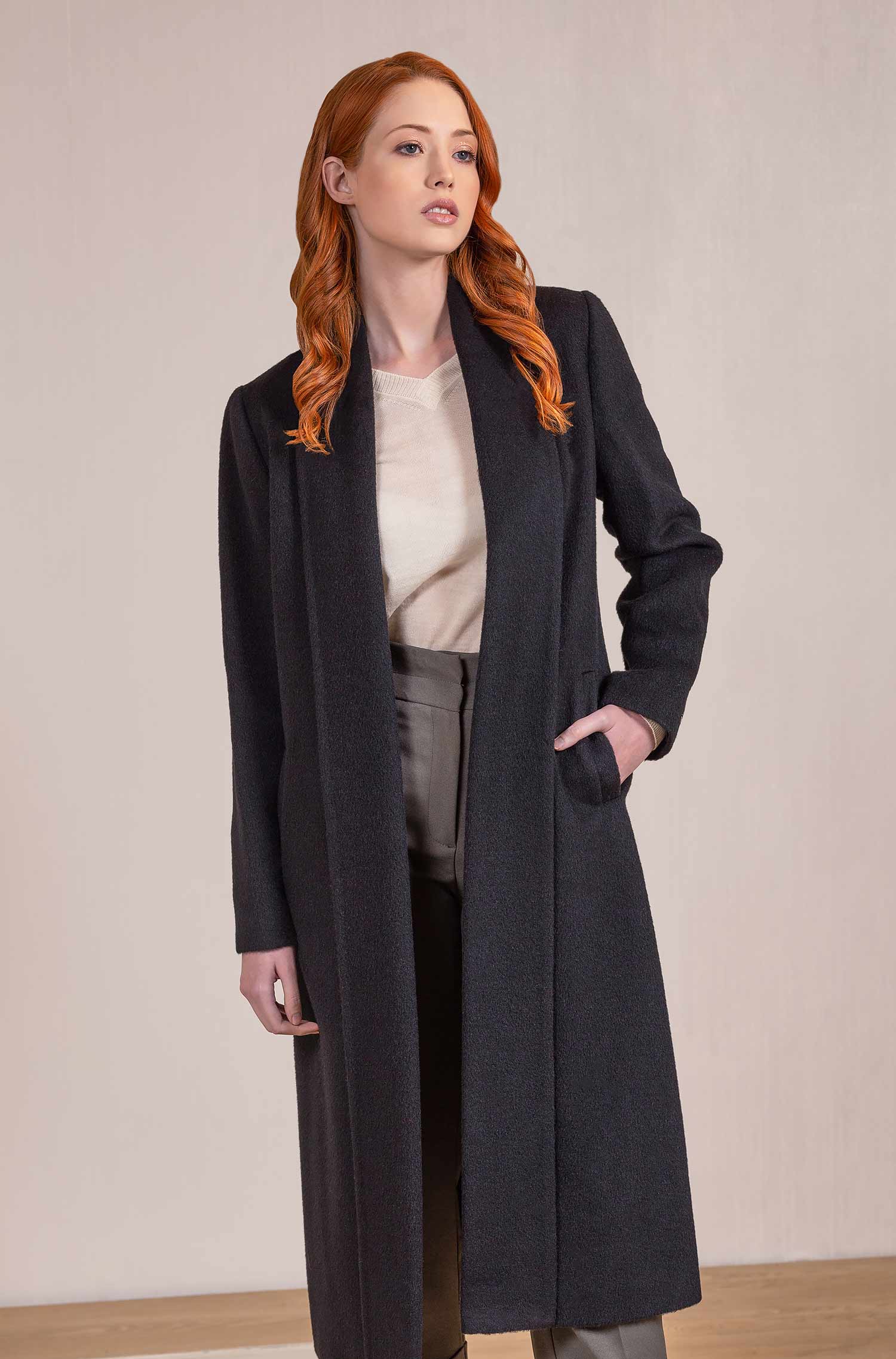 Basic alpaca coat in Black/Paco LONG SWING KUNA Essentials